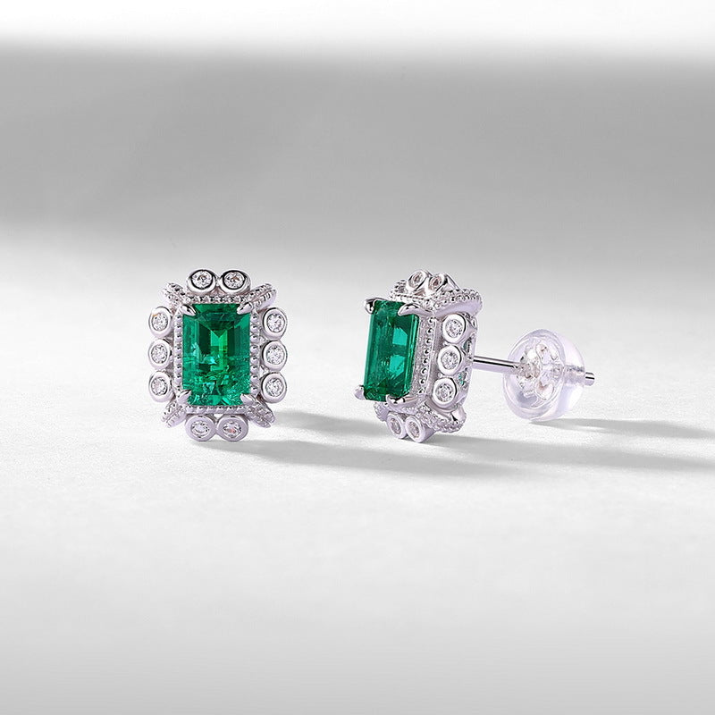 Geometric Lab-Grown Emerald Stud Earrings - S925 Sterling Silver Halo Design