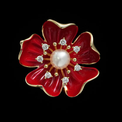 Red Five-Leaf Freshwater Pearl Flower Brooch