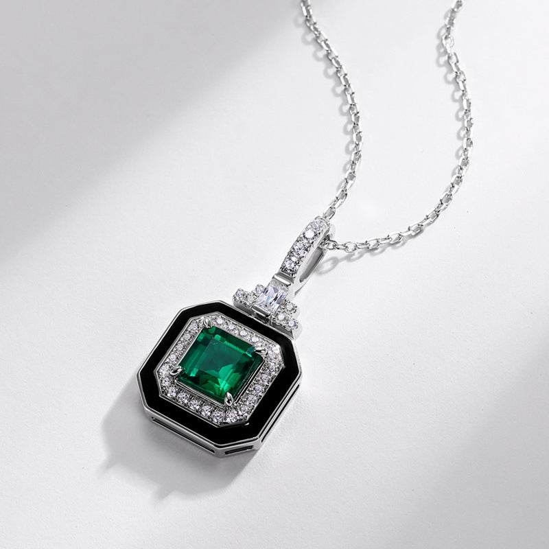 Retro Chic: Emerald-Cut Lab-Grown Emerald Square Pendant Necklace | 925 Silver | Dapaza