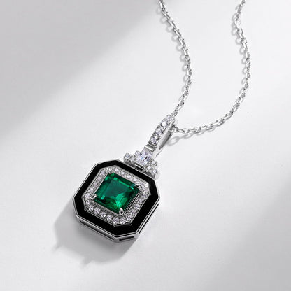 Retro Chic: Emerald-Cut Lab-Grown Emerald Square Pendant Necklace | 925 Silver | Dapaza