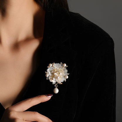 Shell Pearl Zircon Camellia Brooch