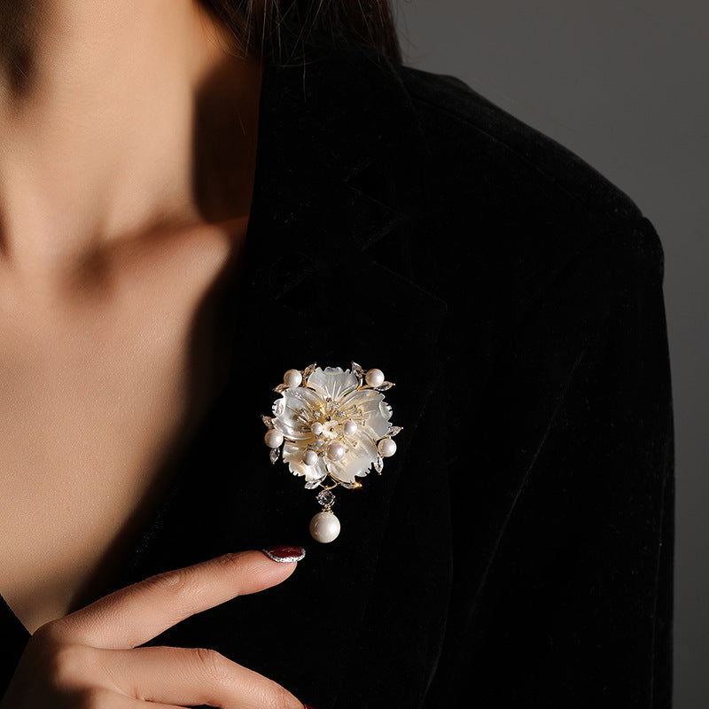 Mother Shell Brooch Pearl Camellia Zircon Corsage