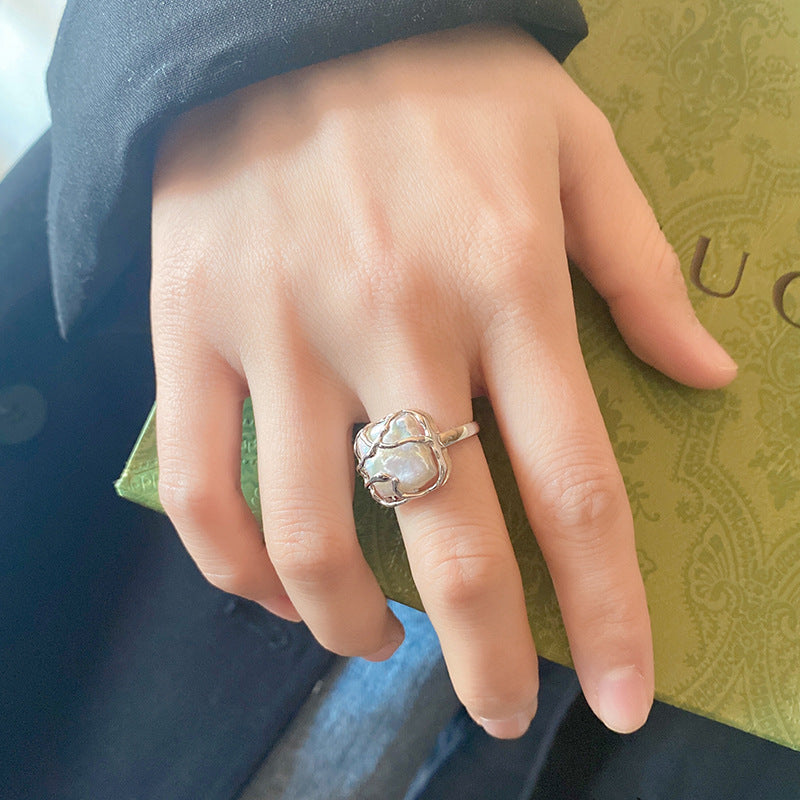 Dapaza S925 Sterling Silver Baroque Square Pearl Ring