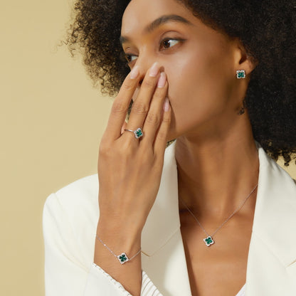 Lucky Clover: French Four-Leaf Lab-Grown Emerald Bracelet | 925 Silver | Dapaza