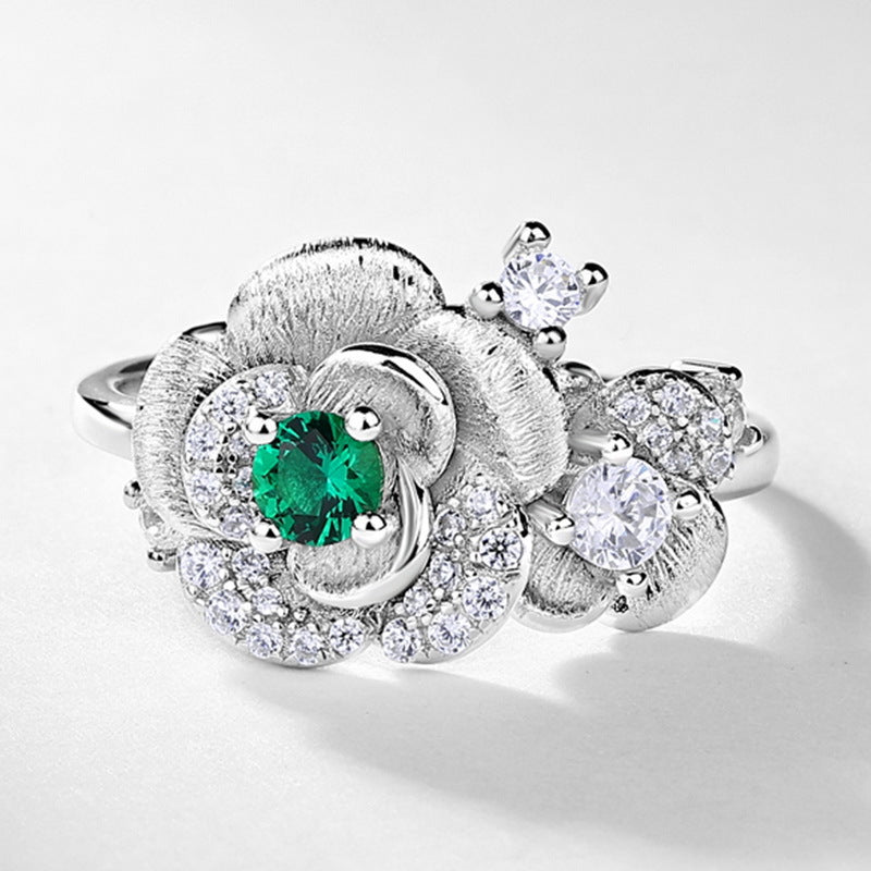 Eternal Rose: Hand-Engraved Lab-Grown Emerald Rose Cocktail Ring | 925 Silver | Dapaza