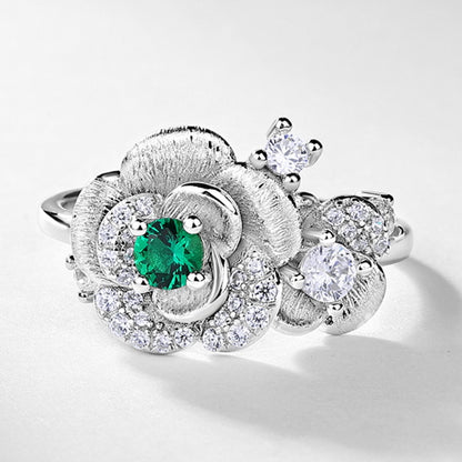 Eternal Rose: Hand-Engraved Lab-Grown Emerald Rose Cocktail Ring | 925 Silver | Dapaza