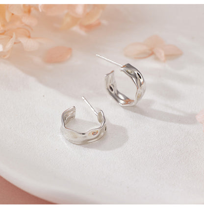 New 925 Sterling Silver Irregular Geometric Earrings - Women's Fashion Polished Foil Crinkle Studs