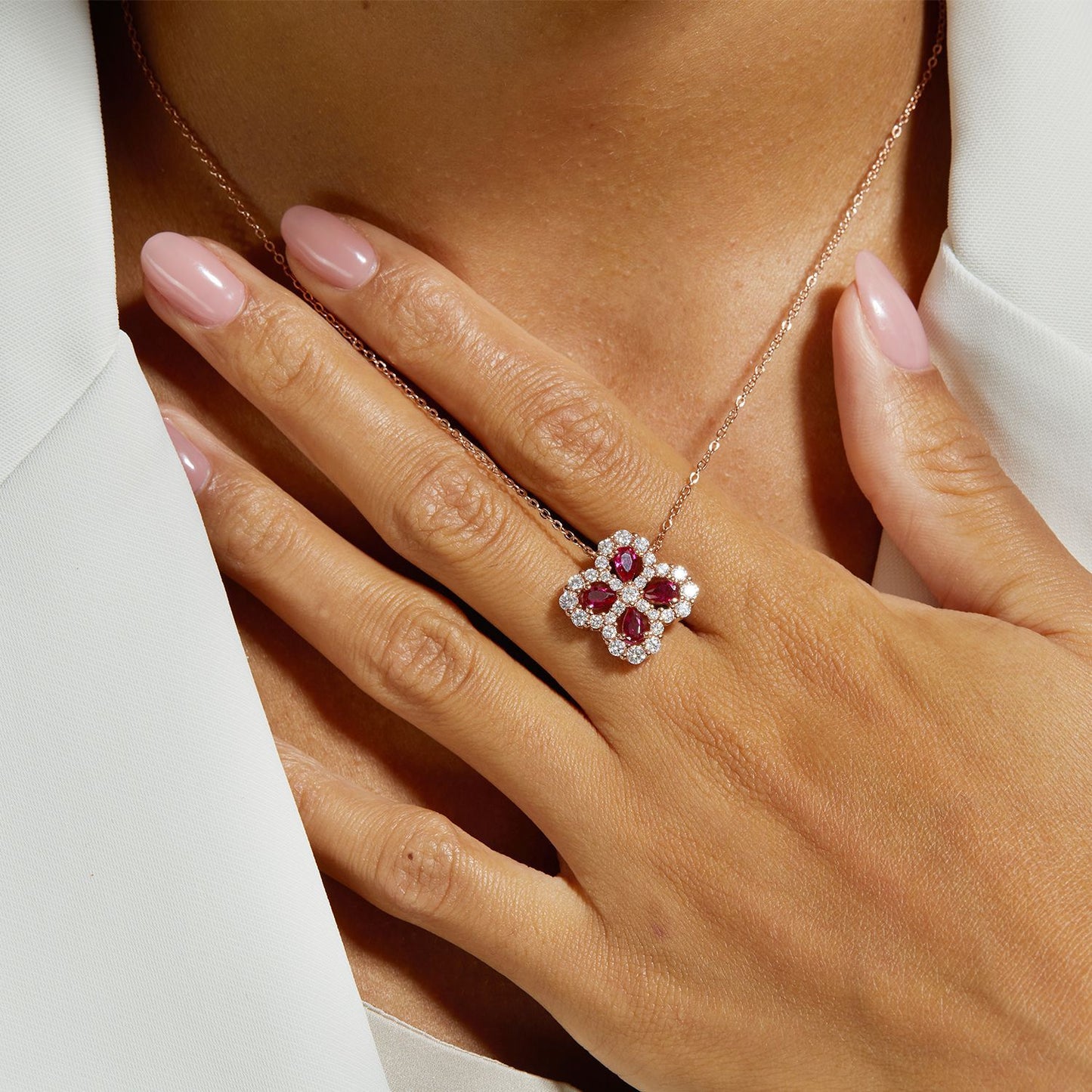 Lab-grown Emerald Clover Ring with S925 Sterling Silver and Lab-grown Ruby Jewelry Set