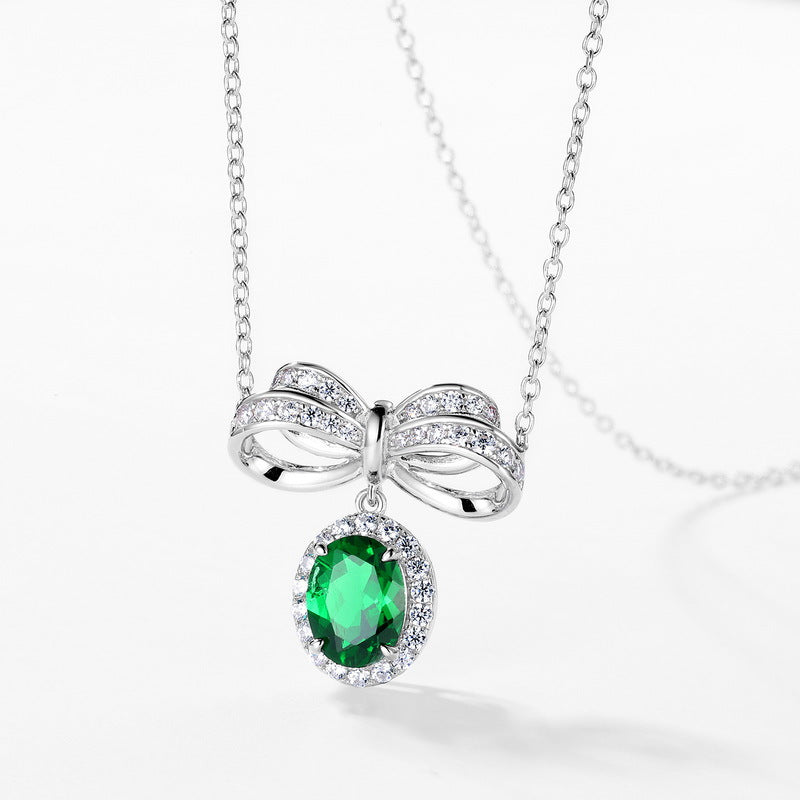 S925 Sterling Silver Lab-grown Emerald Necklace - Vintage Bow Clavicle Chain
