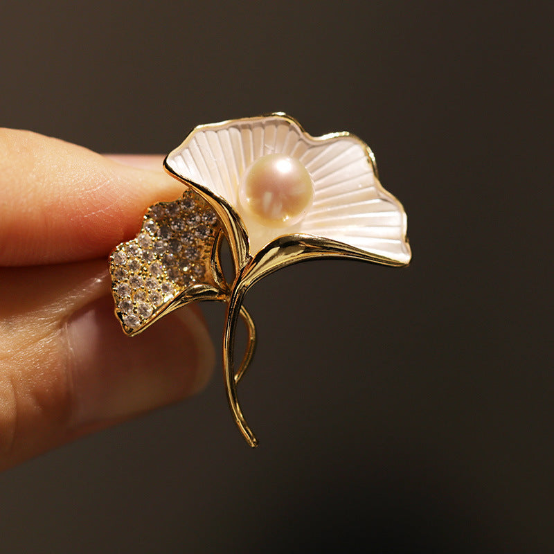 Freshwater Pearl Ginkgo Leaf Brooch