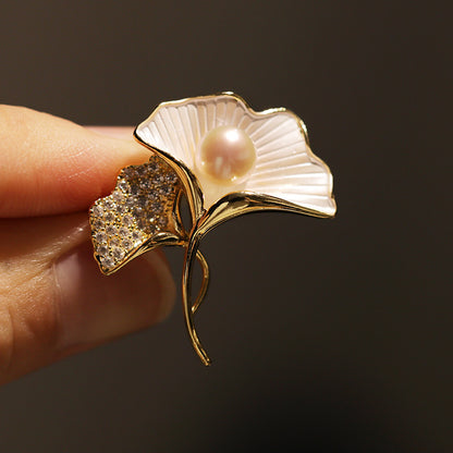 Freshwater Pearl Ginkgo Leaf Brooch