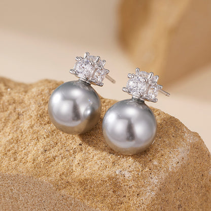S925 Sterling Silver Ash Gray Shell Pearl Stud Earrings - Unique Design, Subtle Luxury, and Edgy Style for Women