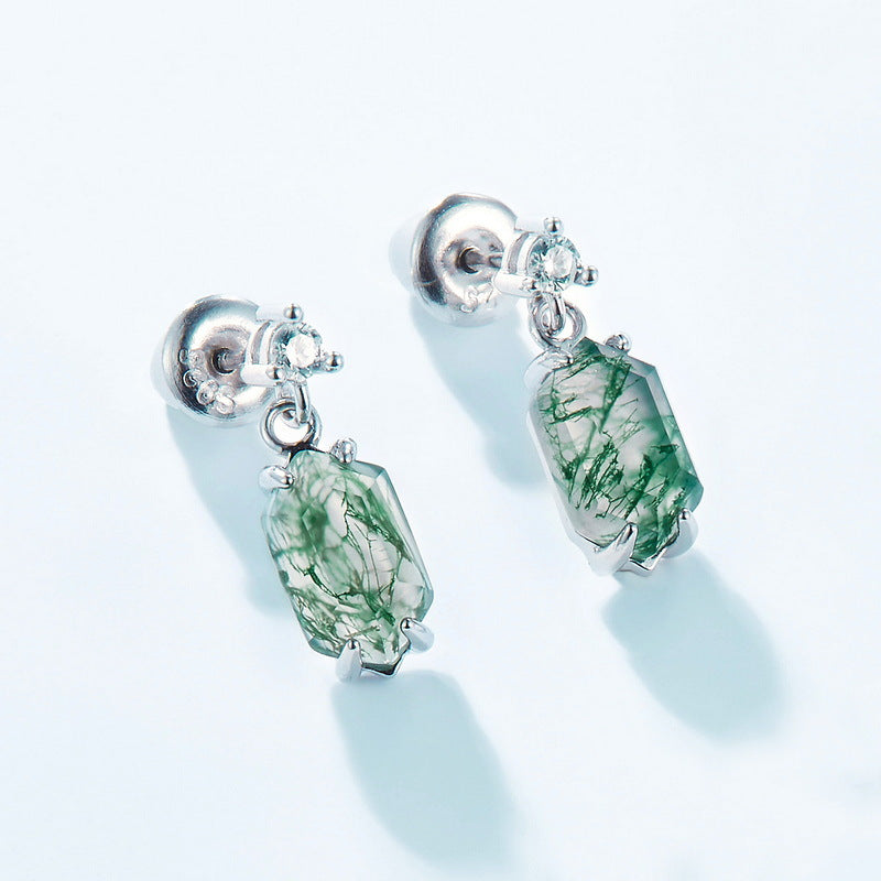 Geometric Hexagon Natural Moss Agate Drop Earrings - S925 Sterling Silver