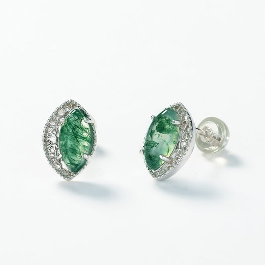 Marquise Moss Agate Earrings | Gold-Plated S925 Sterling Silver