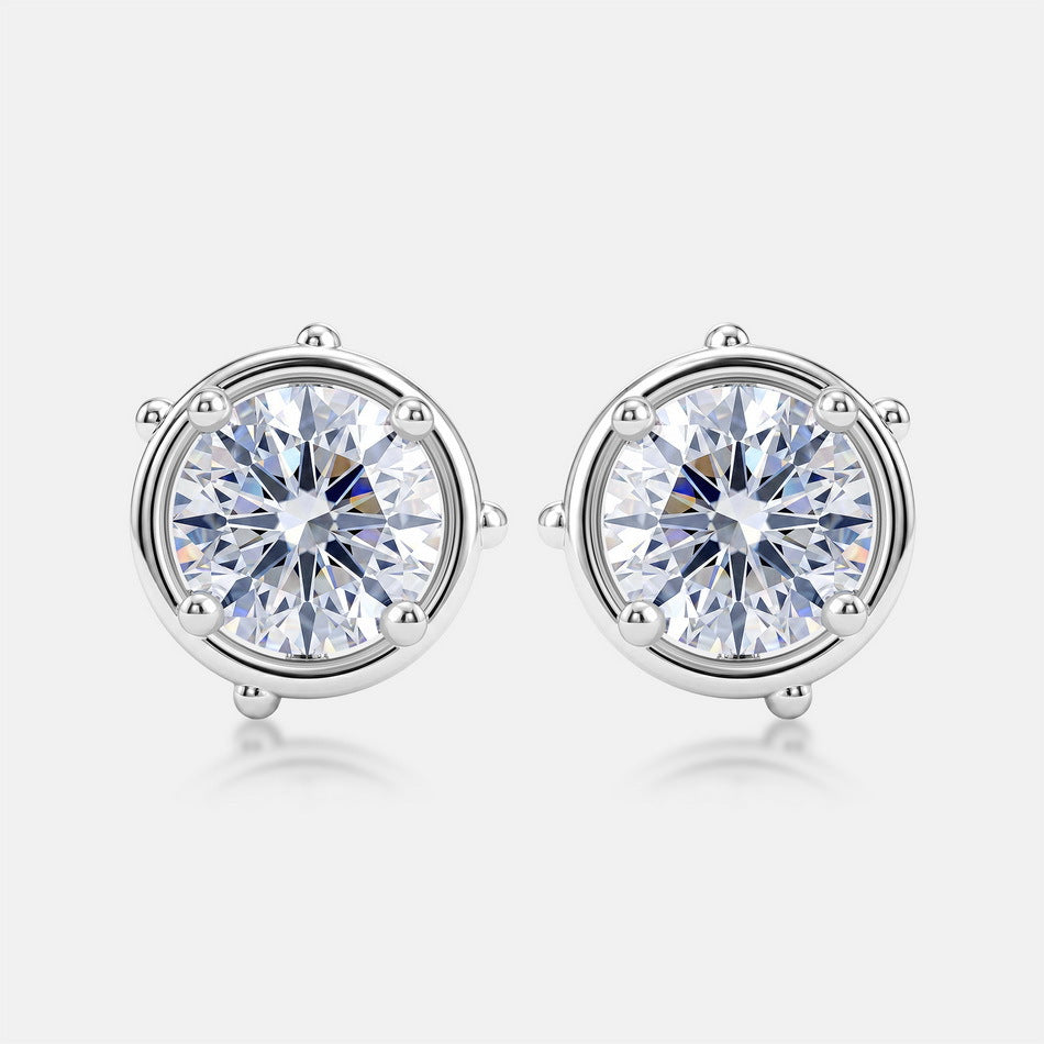 Minimalist 2.16CTW D Color Round Brilliant Cut HPHT Lab Grown Diamond Bezel Stud Earrings | S925 Sterling Silver 6-Bead Frame Post Earrings - Dapaza