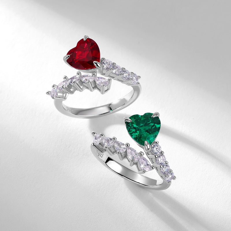 Heart-Shaped Lab-Grown Emerald Adjustable Ring - S925 Sterling Silver Bypass Band