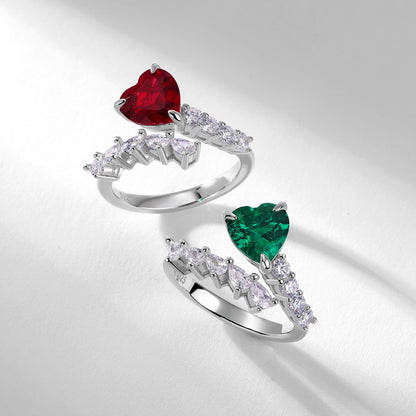 Heart-Shaped Lab-Grown Emerald Adjustable Ring - S925 Sterling Silver Bypass Band