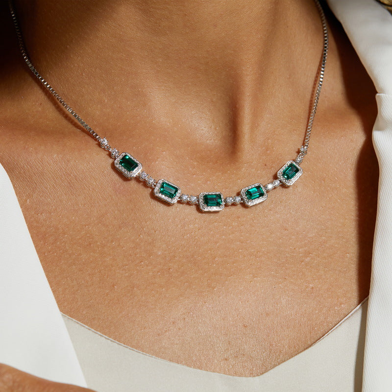 Lab-Grown Emerald Clavicle Necklace - S925 Sterling Silver Halo Pendant