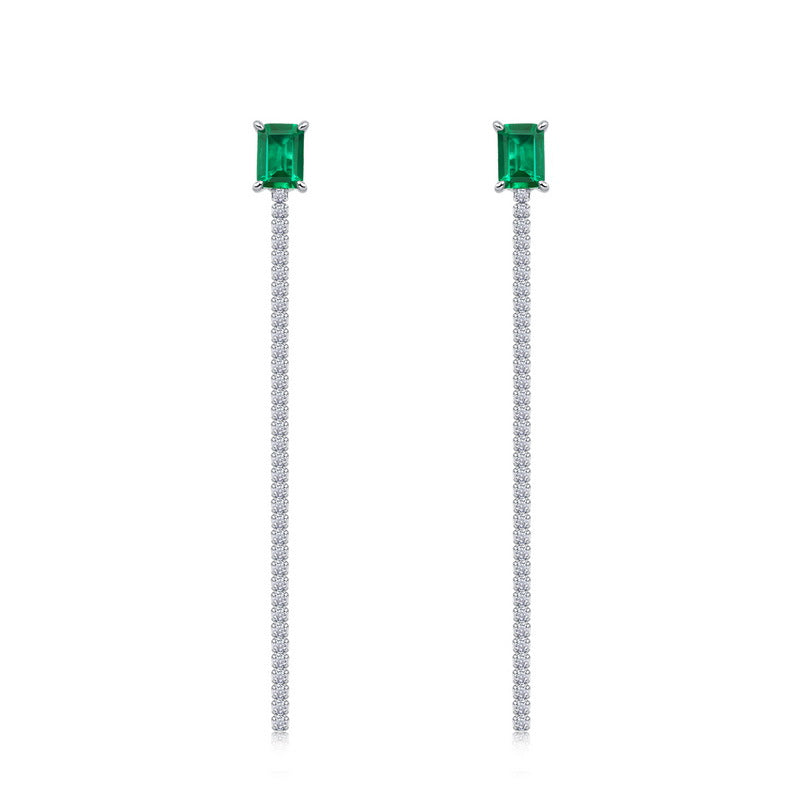 Minimalist Emerald-Cut Lab-Grown Emerald Tassel Earrings - 925 Sterling Silver