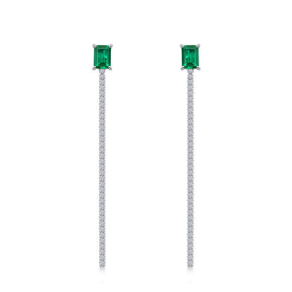 Minimalist Emerald-Cut Lab-Grown Emerald Tassel Earrings - 925 Sterling Silver