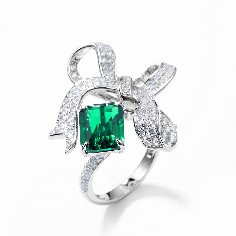 Bow-Knot Lab-Grown Emerald Ring - S925 Sterling Silver