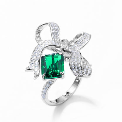 Bow-Knot Lab-Grown Emerald Ring - S925 Sterling Silver