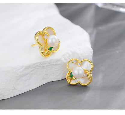 INS Hot-selling 925 Sterling Silver Lucky Grass Pearl Stud Earrings Women's Niche Design High-end Light Luxury Earrings