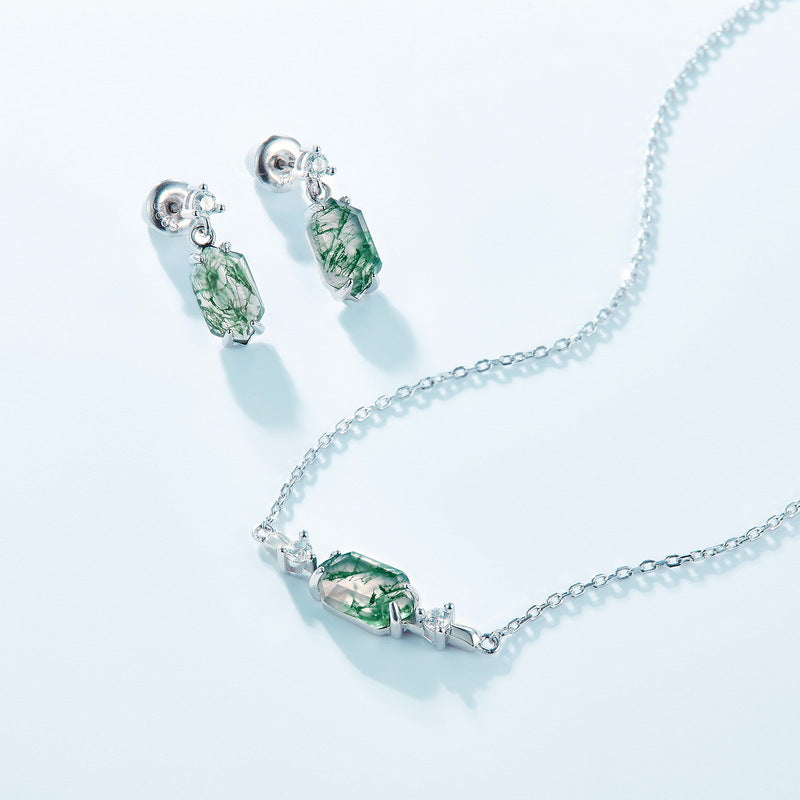 Geometric Hexagon Natural Moss Agate Drop Earrings - S925 Sterling Silver