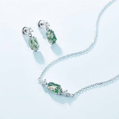Geometric Hexagon Natural Moss Agate Drop Earrings - S925 Sterling Silver