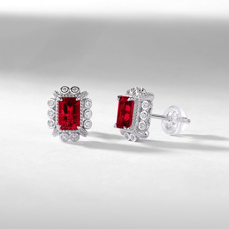Geometric Lab-Grown Emerald Stud Earrings - S925 Sterling Silver Halo Design