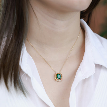 Geometric Lab-Grown Emerald Double Pendant Necklace - 10K Gold Plated S925 Silver