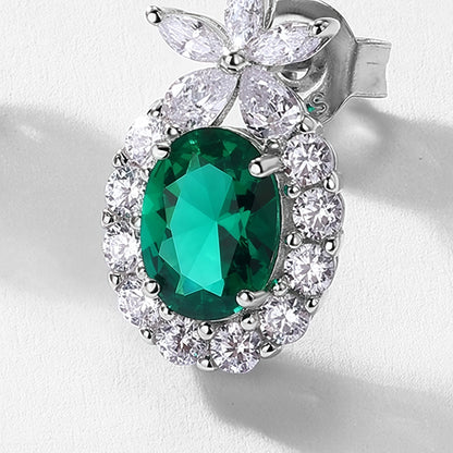 Lab-Grown Emerald Halo Stud Earrings in S925 Sterling Silver - Oval Cut Marquise Accent