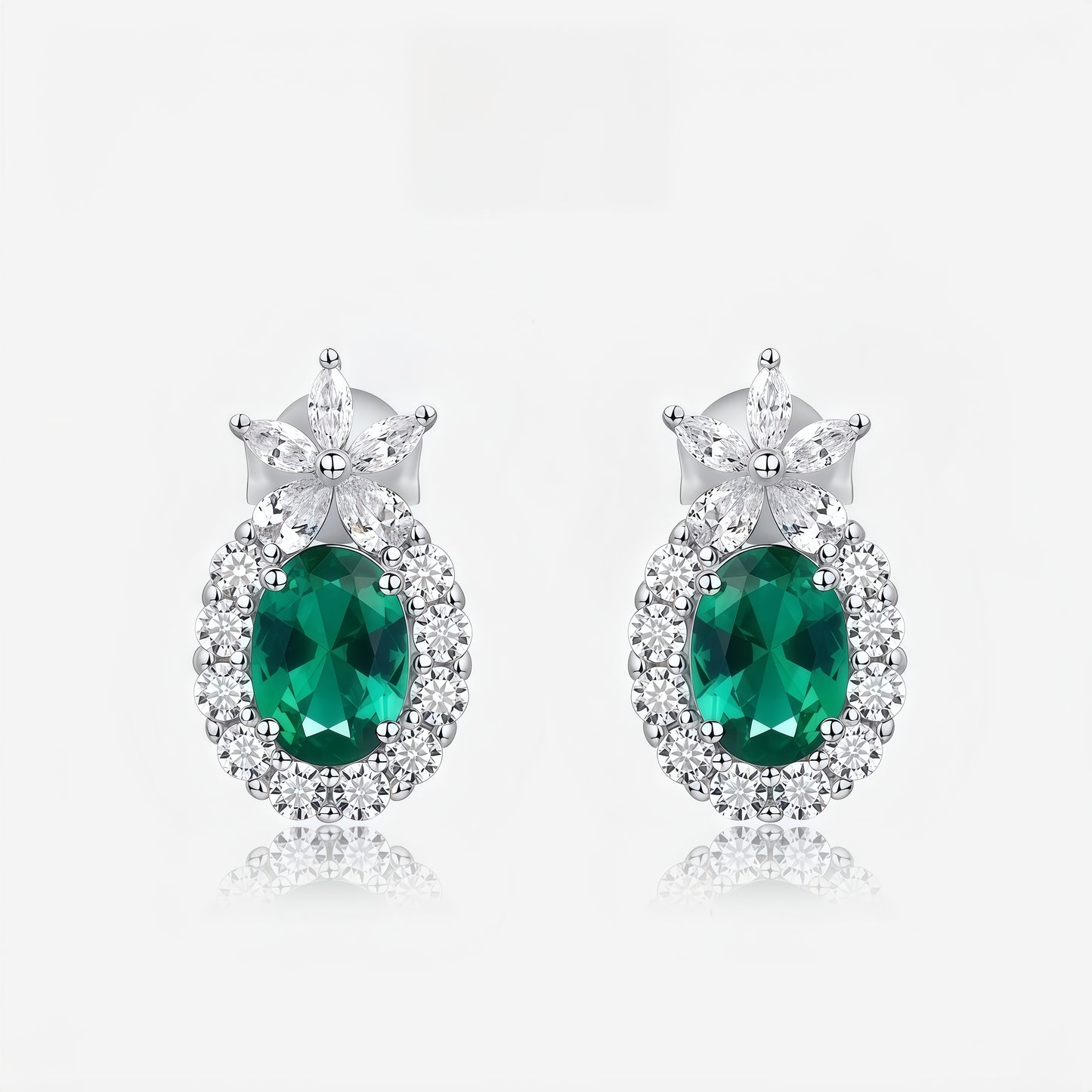 Lab-Grown Emerald Halo Stud Earrings in S925 Sterling Silver - Oval Cut Marquise Accent