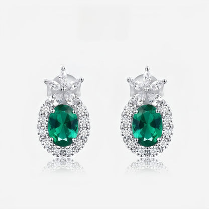 Lab-Grown Emerald Halo Stud Earrings in S925 Sterling Silver - Oval Cut Marquise Accent