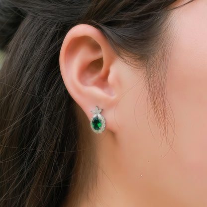 Lab-Grown Emerald Halo Stud Earrings in S925 Sterling Silver - Oval Cut Marquise Accent