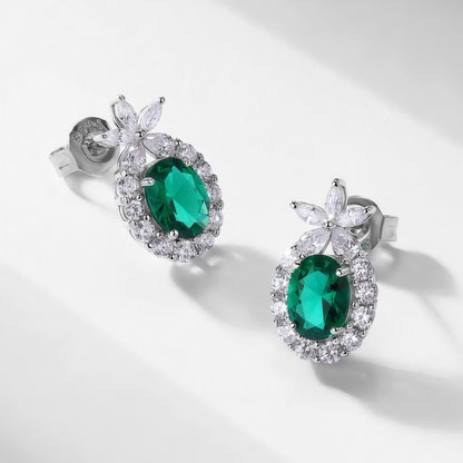 Lab-Grown Emerald Halo Stud Earrings in S925 Sterling Silver - Oval Cut Marquise Accent