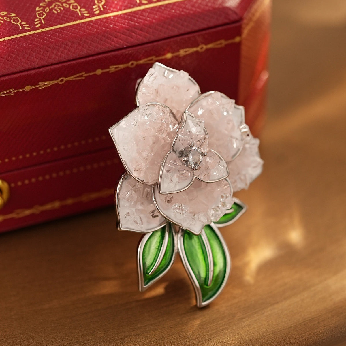 Crystal & Rose Quartz Peony Floral Brooch Pin