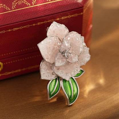 Crystal & Rose Quartz Peony Floral Brooch Pin