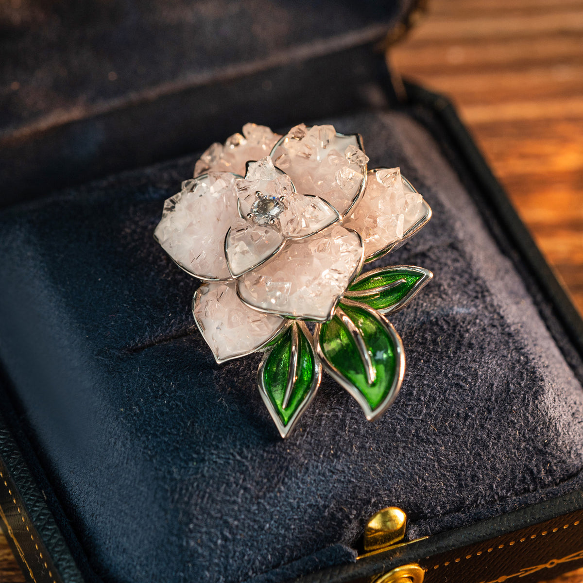 Crystal & Rose Quartz Peony Floral Brooch Pin