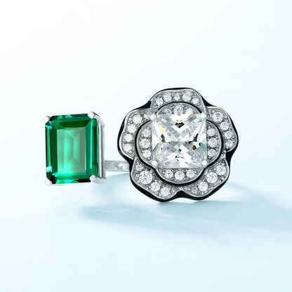 Premium Petal Grace: Geometric Floral Lab-Grown Emerald Ring | 925 Silver