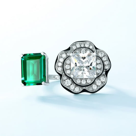 Petal Grace: Geometric Floral Lab-Grown Emerald Ring | 925 Silver | Dapaza