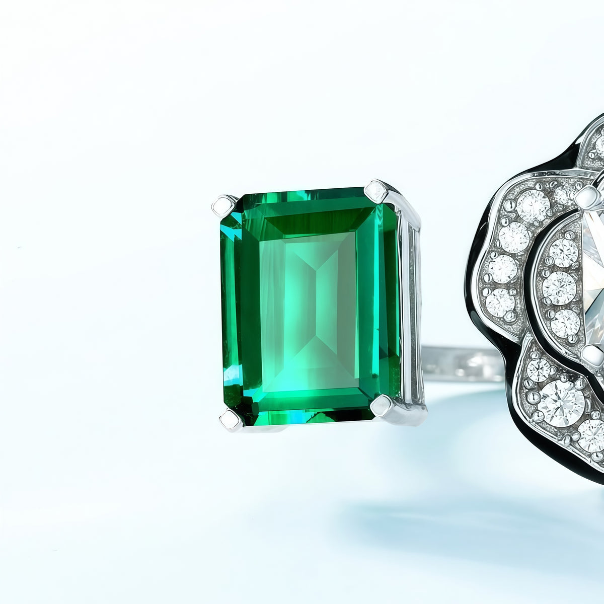 Premium Petal Grace: Geometric Floral Lab-Grown Emerald Ring | 925 Silver