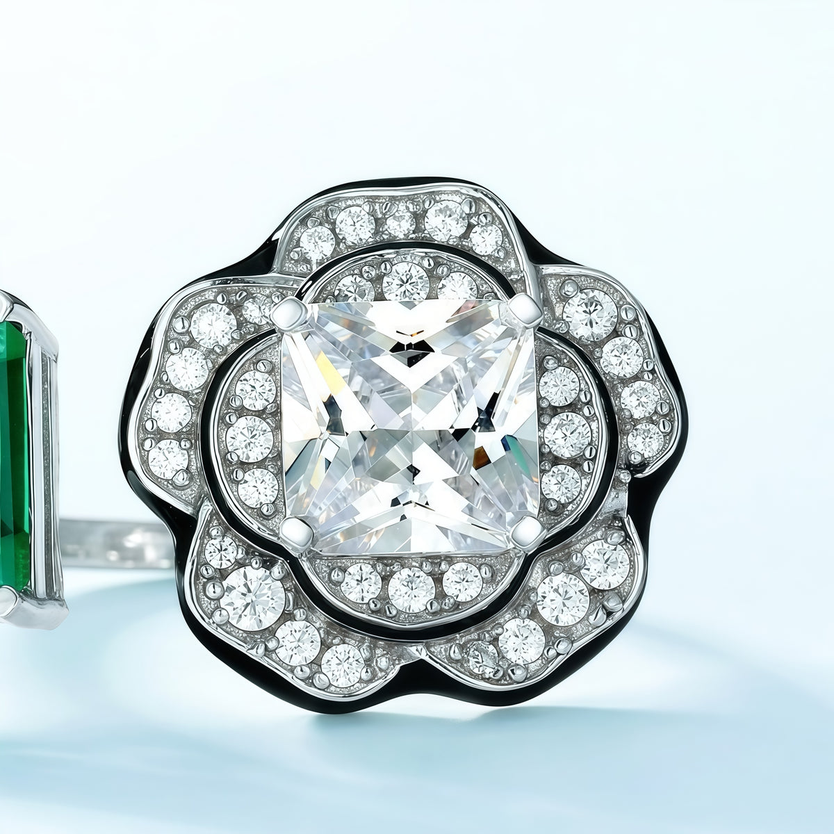Premium Petal Grace: Geometric Floral Lab-Grown Emerald Ring | 925 Silver
