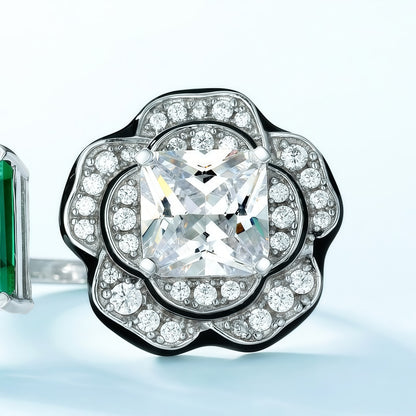 Premium Petal Grace: Geometric Floral Lab-Grown Emerald Ring | 925 Silver