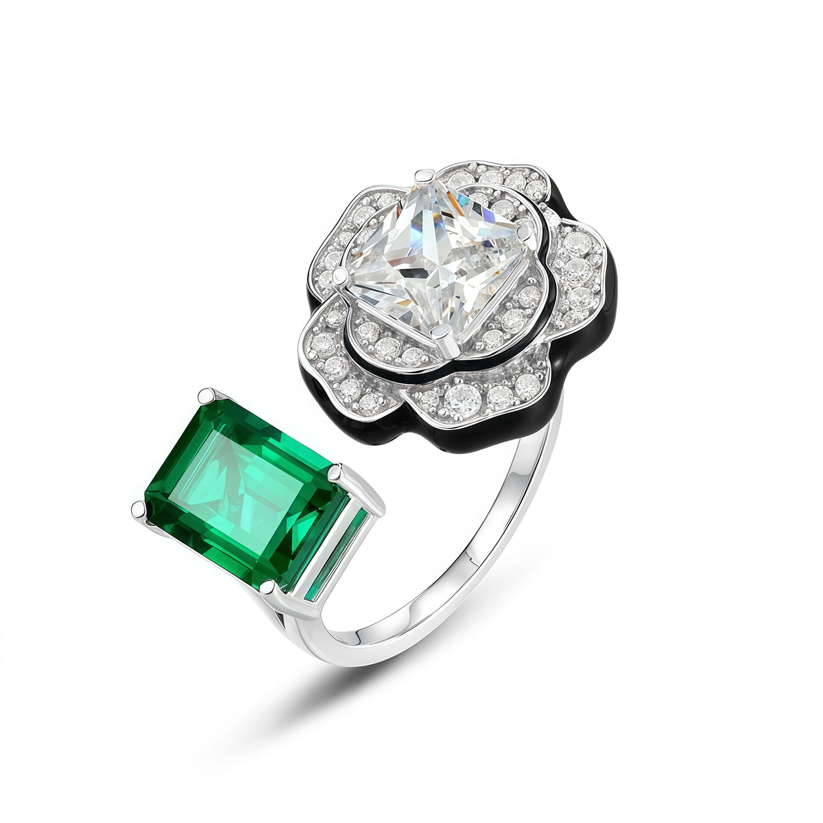Premium Petal Grace: Geometric Floral Lab-Grown Emerald Ring | 925 Silver