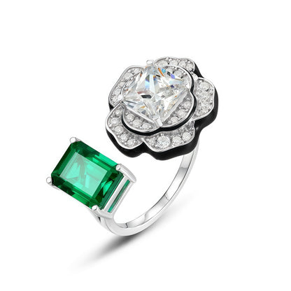 Premium Petal Grace: Geometric Floral Lab-Grown Emerald Ring | 925 Silver