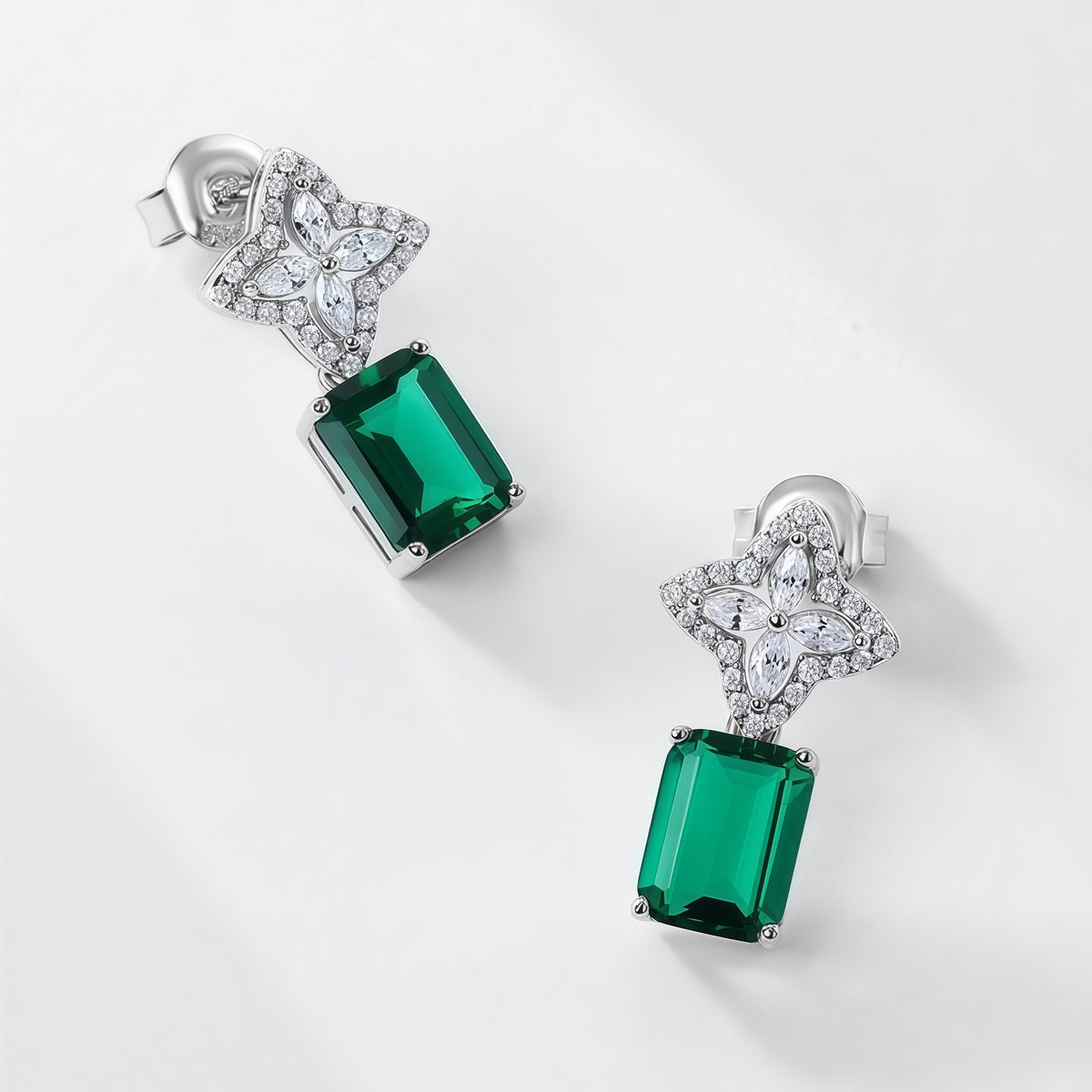 Premium Petal Luxe: Emerald-Cut Lab-Grown Emerald Floral Stud Earrings | 925 Silver