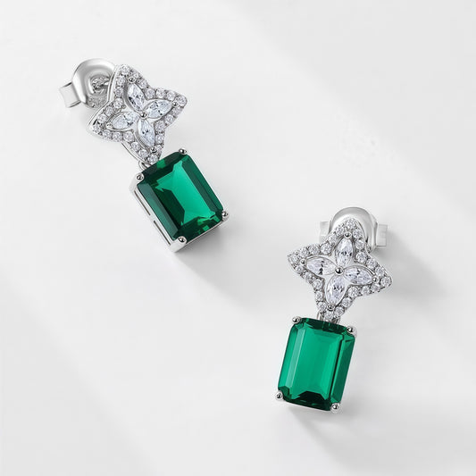 Petal Luxe: Emerald-Cut Lab-Grown Emerald Floral Stud Earrings | 925 Silver | Dapaza