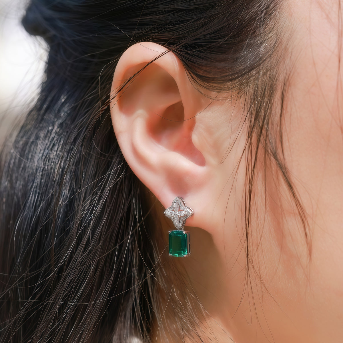 Premium Petal Luxe: Emerald-Cut Lab-Grown Emerald Floral Stud Earrings | 925 Silver