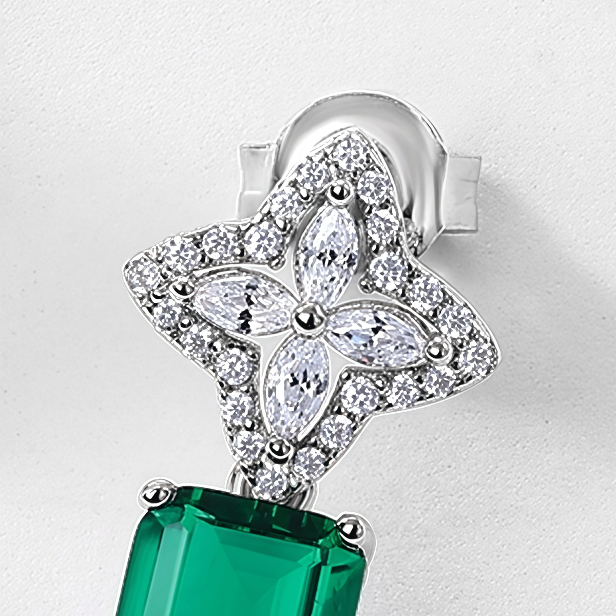 Premium Petal Luxe: Emerald-Cut Lab-Grown Emerald Floral Stud Earrings | 925 Silver